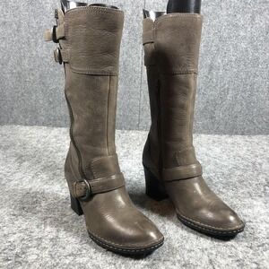 Born B72022 Biker Boots Womens 6 Brown Taupe Leather Mid Calf Strap Zip Heel